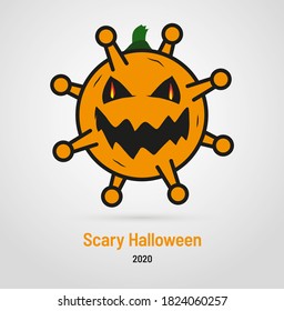 Scary Halloween 2020 - Coronavirus Covid-19 cartoon Jack-o'-lantern caricature. Halloween wish card stylized with pumpkin virus character concept