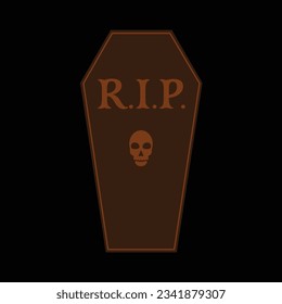 Scary Halloween 6 side Coffin in a Graveyard. Spooky RIP engraved in a wood funerary box with a skull. Part of a set.