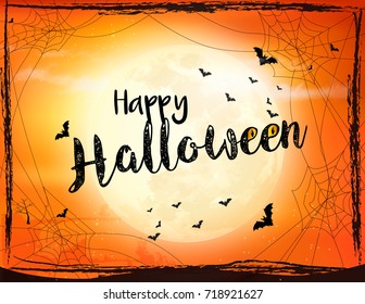 Scary Halloween background with bat, spider and moon. Vector.. Vector