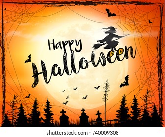 Scary Halloween background with bat, spider and moon. Vector.