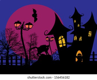 Scary halloween background with castle and black cat on scarry place, vector illustration