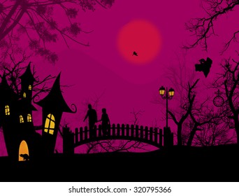 Scary halloween background with castle and couple on scarry place, vector illustration