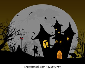 Scary halloween background with castle and couple on scarry place, vector illustration