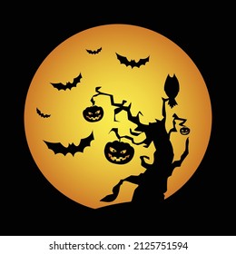 Scary Halloween background with moon and old tree vector illustration