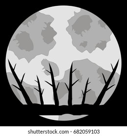 Scary halloween background with moon and tree branches. Night mystical landscape. Vector clipart and drawing. Black and white illustration. 