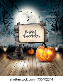 Scary Halloween background with pumpkin and moon. Vector.