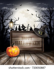 Scary Halloween background with pumpkin and wooden sign. Vector.