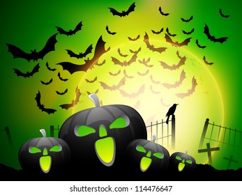 Scary Halloween background with pumpkins and flying bats. EPS 10.