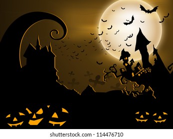 Scary Halloween background with pumpkins, haunted house and flying bats. EPS 10.