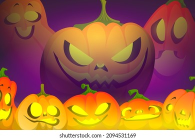 Scary Halloween background with pumpkins with spooky smile and yellow glow. Vector cartoon illustration with traditional autumn lanterns from orange pumpkin with evil face and light inside