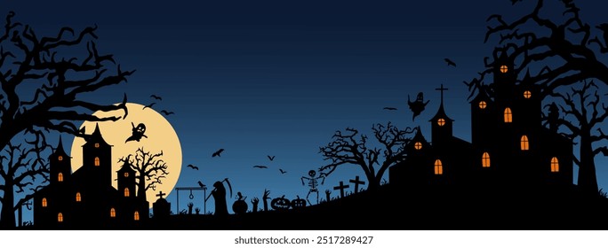 Scary Halloween background with silhouette of trees, bat, haunted castle. Spooky dark graveyard. Horror night Helloween poster. Vector flat illustration