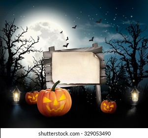 Scary Halloween background with a wooden sign. Vector.