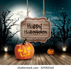 Scary Halloween background with a wooden sign. Vector.