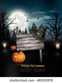 Scary Halloween background with a wooden sign. Vector.