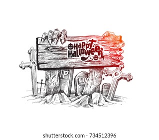 Scary Halloween background with a wooden sign. Vector.