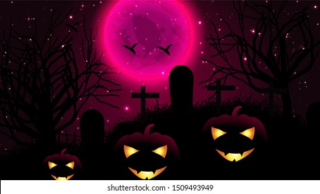 Scary Halloween banner background with pink moon