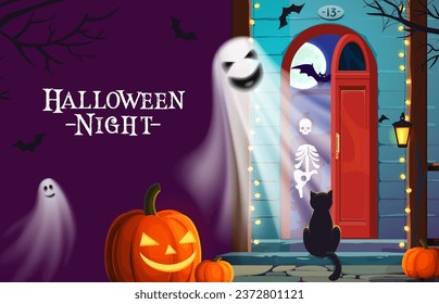 Scary Halloween banner. Holiday door and porch with flying ghosts, bats and pumpkins vector trick or treat decorations. Cartoon front door of Halloween horror night haunted house with death character