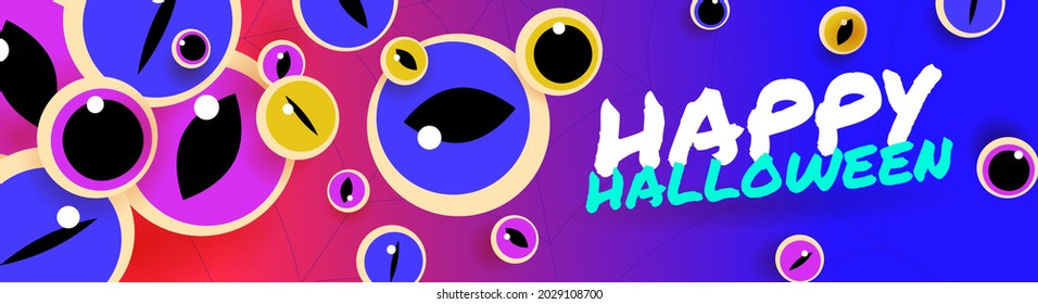 Scary halloween banner. Illustration with floating monster eyeballs with different pupils on a bright background with happy halloween text. Template for website, mailing or advertisement.