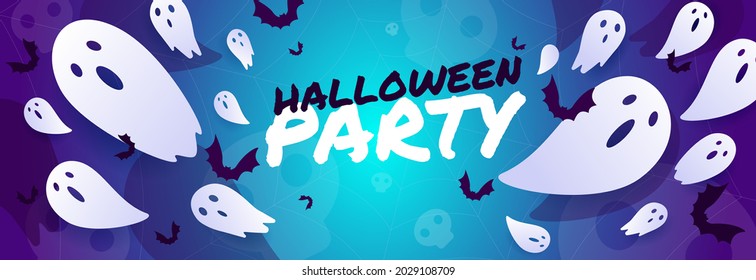 Scary halloween banner. Illustration with flying ghosts and bats on a bright background with halloween party text. Template for website, mailing or advertisement.