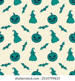 Scary Halloween beige pattern with creepy pumpkin, ghost in wizards hat and bat, in hand drawn doodle style. For background, backdrop, packaging.