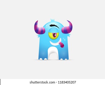 Scary Halloween blue monster with colorful horns on his head illustration. Halloween monster.