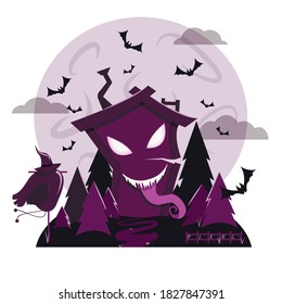 Scary Halloween Card: Spooky House, Bats, Pumpkins & Full Moon