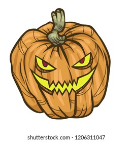 Scary Halloween cartoon pumpkin on white background. Vector illustration for holiday decorations