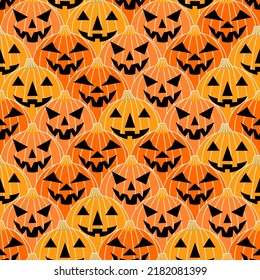 Scary Halloween Carved Pumpkins. Halloween Pattern With Jack O Lantern Orange Pumpkins.