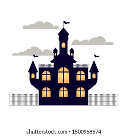 scary halloween castle with lights on white background