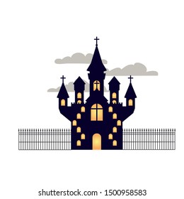 scary halloween castle with lights on white background