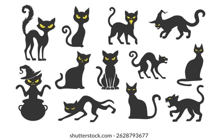 Scary Halloween cat with yellow eyes silhouette set. Cartoon black cat