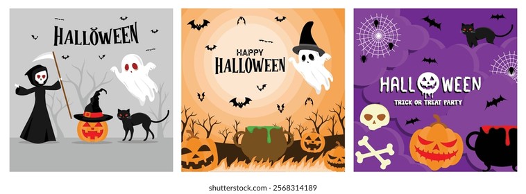 Scary Halloween character. Flying ghosts, pumpkins and bats.Trick or treat party. Halloween concept. Set flat vector illustration.