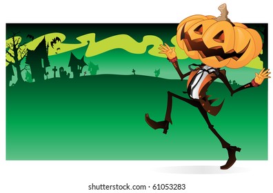 Scary Halloween Character with a Pumpkin for a head with a dandy looking human body, dancing across a spooky background banner