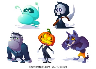 Scary Halloween characters and monsters. Jack pumpkin head, ghost, zombie, werewolf and death isolated on white background. Vector cartoon set of spooky magic creatures
