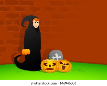 Scary Halloween concept with pumpkins and grave.