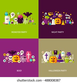 Scary Halloween Concepts Set. Flat Design Vector Illustration. Collection of Trick or Treat Colorful Objects.