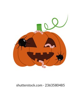 El espeluznante plato de Halloween. Menú zombi. Una comida terrible. Calabaza terrible con gusanos, fondo blanco. Diseñar el banner del menú de Halloween. Ilustración vectorial...