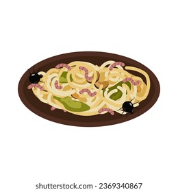 Scary Halloween dish. Zombie menu. Terrible food. Pasta on a plate with crawling worms. Design of the Halloween menu banner, poster. Vector illustration...