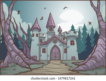 Scary Halloween Dracula vampire mansion background. Vector illustration with simple gradients. Some elements on separate layers. 
