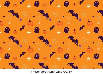 Scary Halloween element pattern decoration on an orange background. Halloween endless pattern vector with bats, scary pumpkins, and spiders. Halloween pattern design for wrap papers and wallpapers.