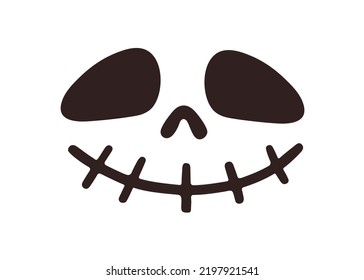 Scary Halloween face silhouette with creepy sewed smile, mouth with stitches. Spooky Helloween monster grinning with evil expression, emotion. Flat vector illustration isolated on white background