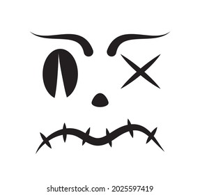 Scary Halloween face vector. Halloween pumpkin or ghost grimace. Terrible eyes and mouth with a silhouette style. Emotion of skeleton for makeup, a night party.