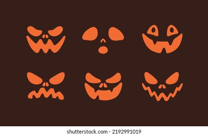 Scary Halloween faces with different emotions. Spooky Helloween holiday pumpkin characters with creepy, funny, happy, angry, evil, surprised expressions set. Isolated flat vector illustrations