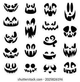 Scary halloween faces. Smiling face, halloween pumpkin or ghost cartoon creepy grin. Isolated black eyes and mouths, holiday masks garish vector set