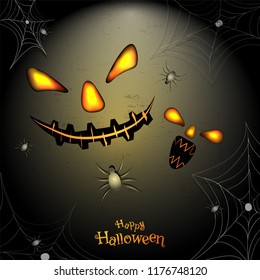 Scary halloween faces, spider web and spiders. Halloween Background.