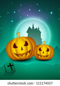 Scary Halloween full moon night background with pumpkins and haunted house. EPS 10.