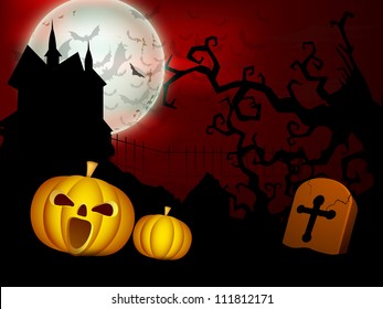 Scary Halloween full moon night background with pumpkin, grave, dead tree branches and haunted house. EPS 10.