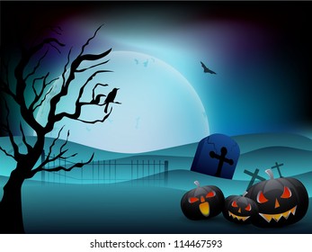Scary Halloween full moon night background with scary pumpkins, dead tree. EPS 10.