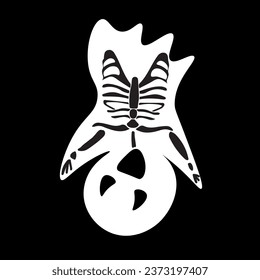 Scary Halloween ghost with drawn skeleton on black background