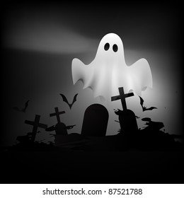 scary halloween ghost flying on grave